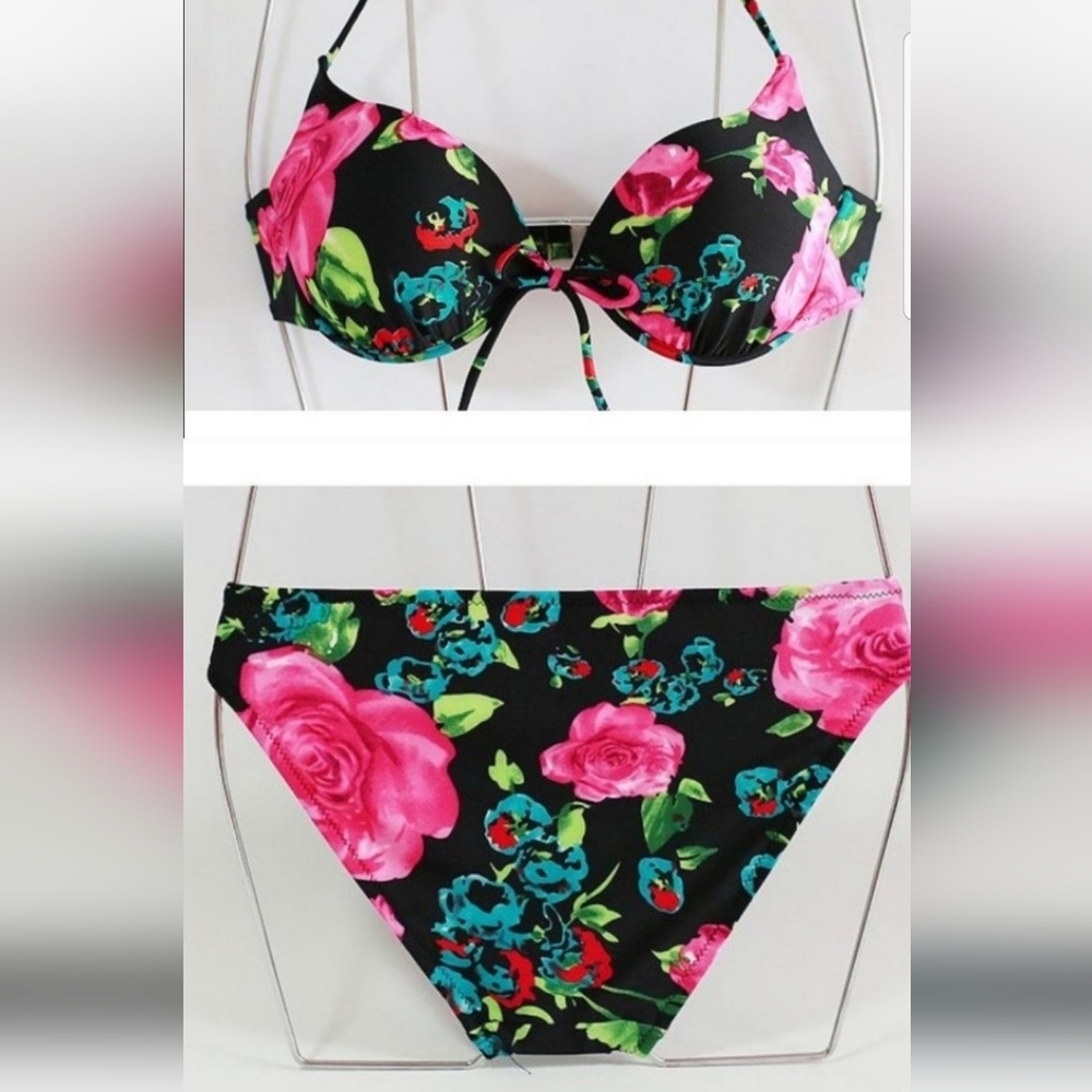 Black / Pink Floral Bikini - Sarong Set